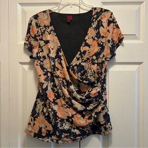 212 Collection Women's Floral Wrap Blouse - Navy Blue and Orange. Size Large